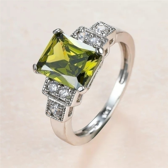 Square Olive Green Stone Ring Luxury Birthstone Rings - Picture 11 of 13